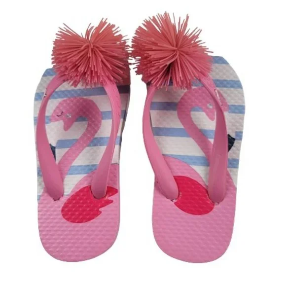 Joules Pom Pom Pink Flamingo Striped Flip Flops - Picture 4 of 7